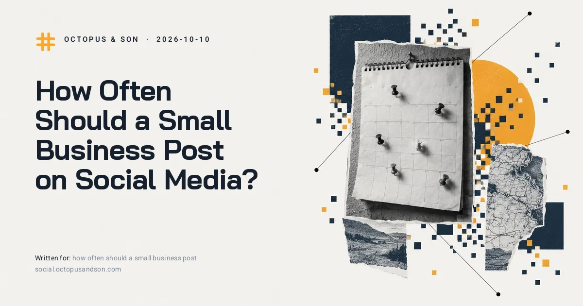 How Often Should a Small Business Post on Social Media? A wall calendar page with pins in it, seen straight on, dates unreadable, a paper collage in slate blue and amber, illustrating how often should a small business post